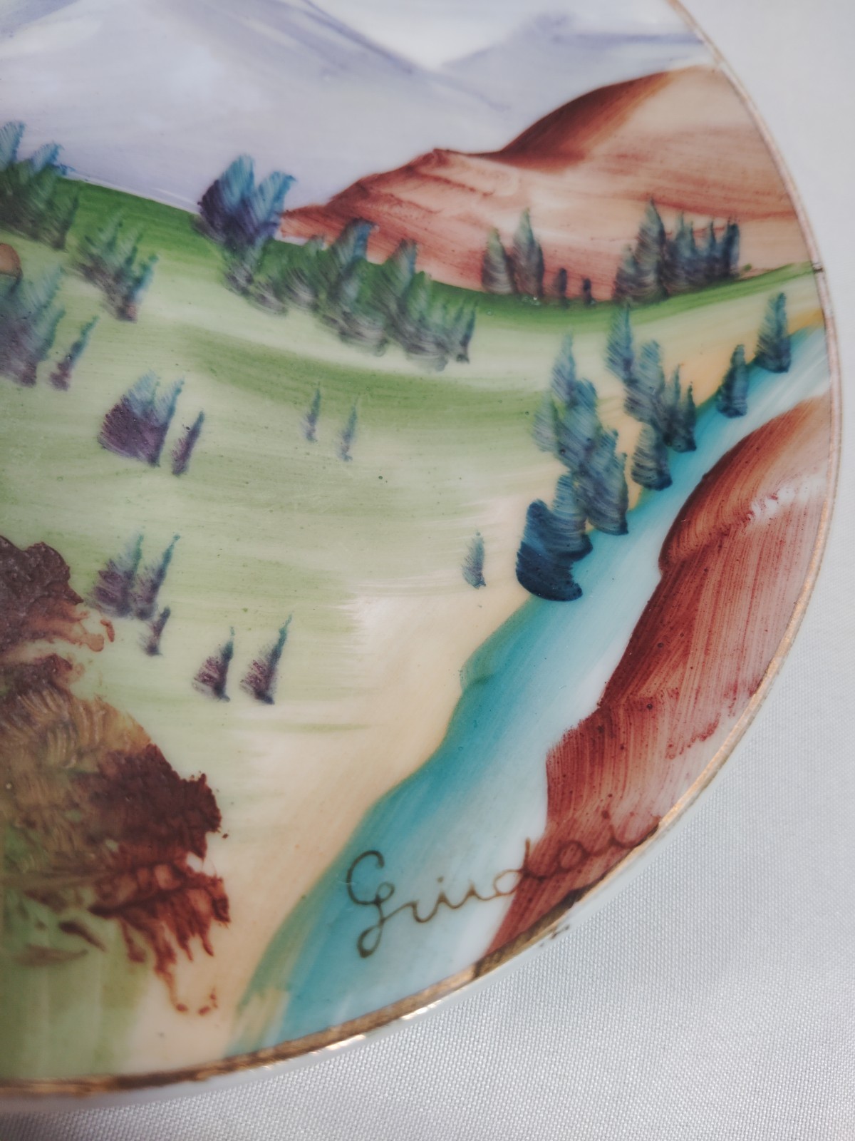 Handpainted Mountains and Valley Plate- Signed. Made in Japan- 5.25″D