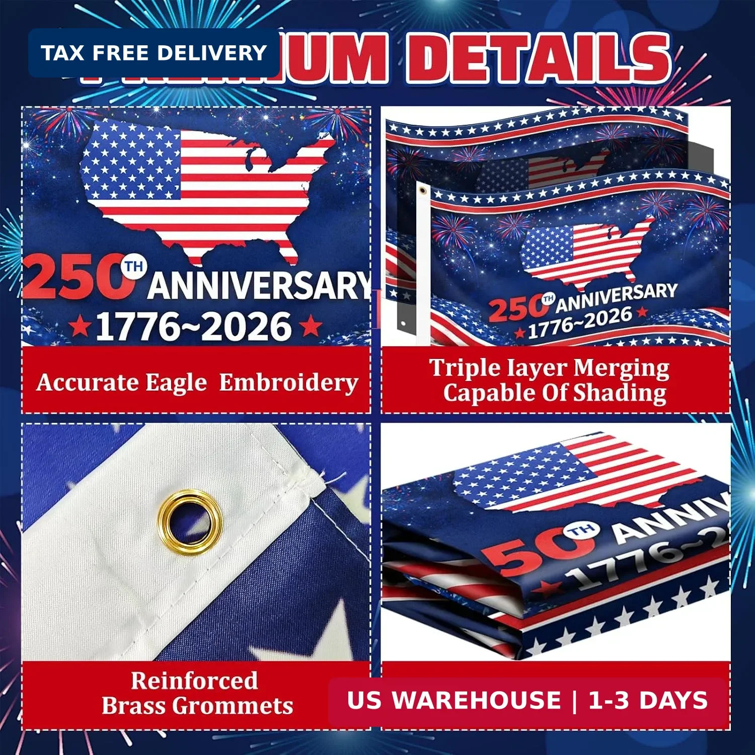 3×5 ft 250th Anniversary Birthday American Flag, 1776-2026 American Independence