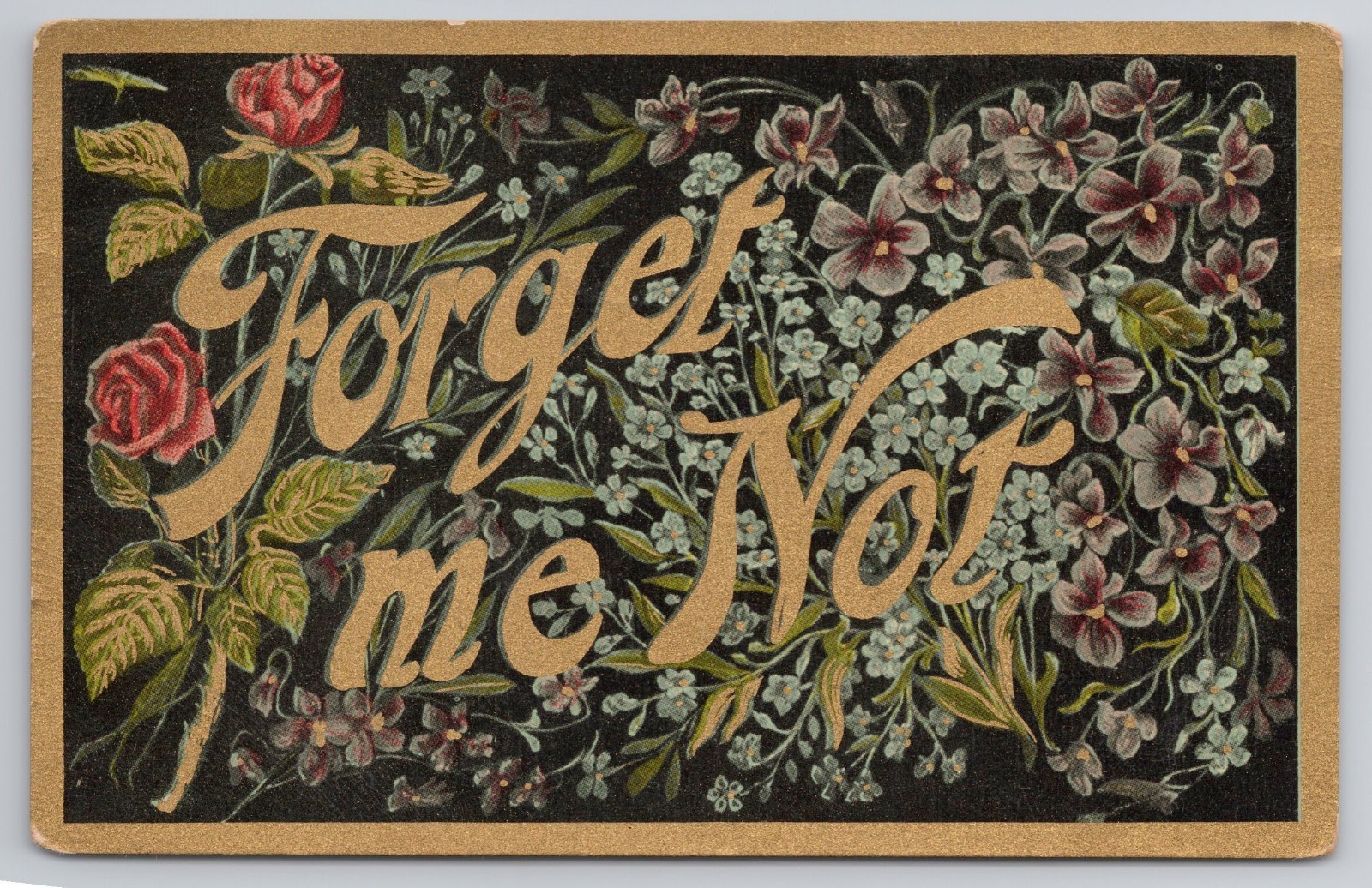 Forget Me Not Gilt Spell Out Flowers All Over Unp Db Postcard