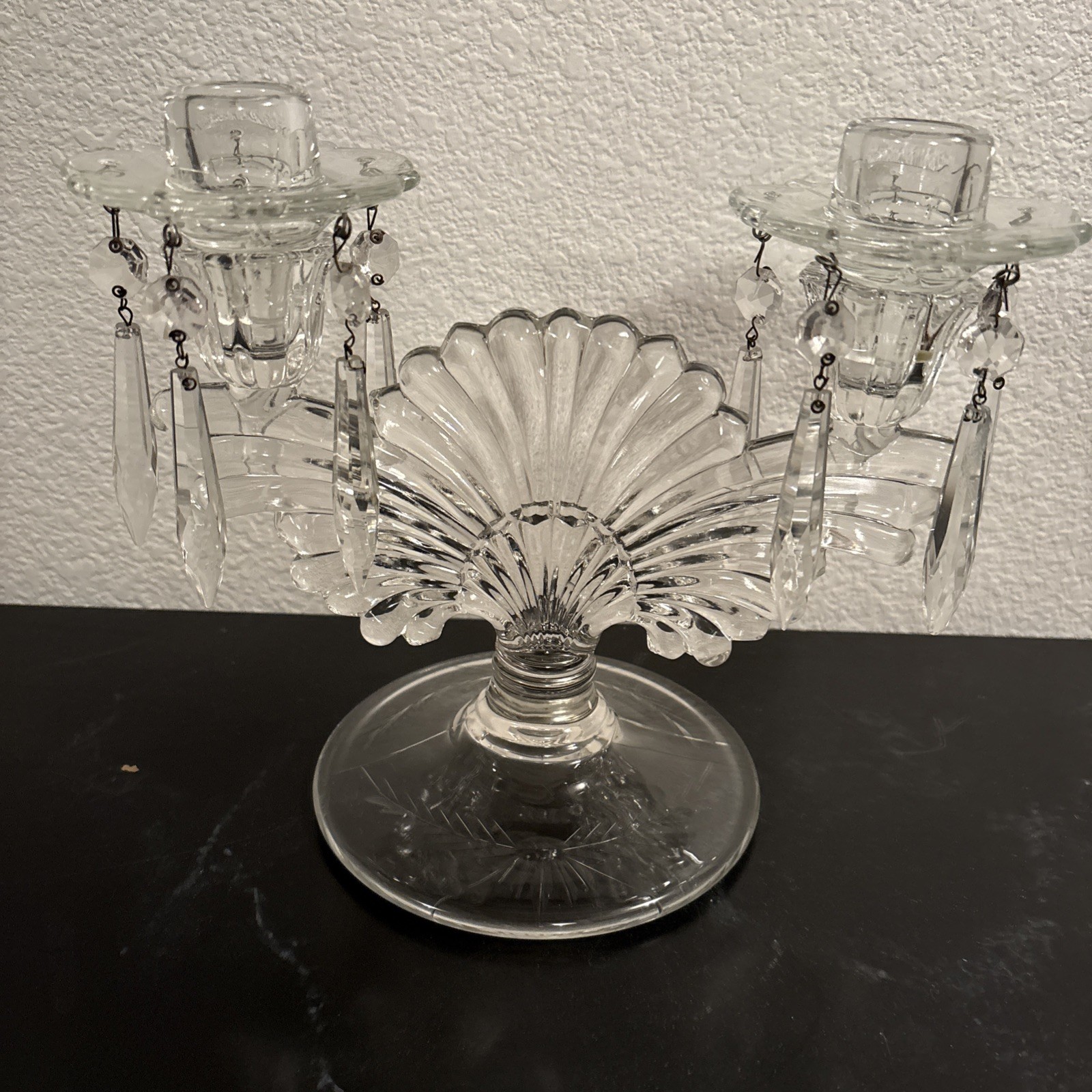 Vintage Art Deco Glass Candle Holder Double w Prisms Crystal Style