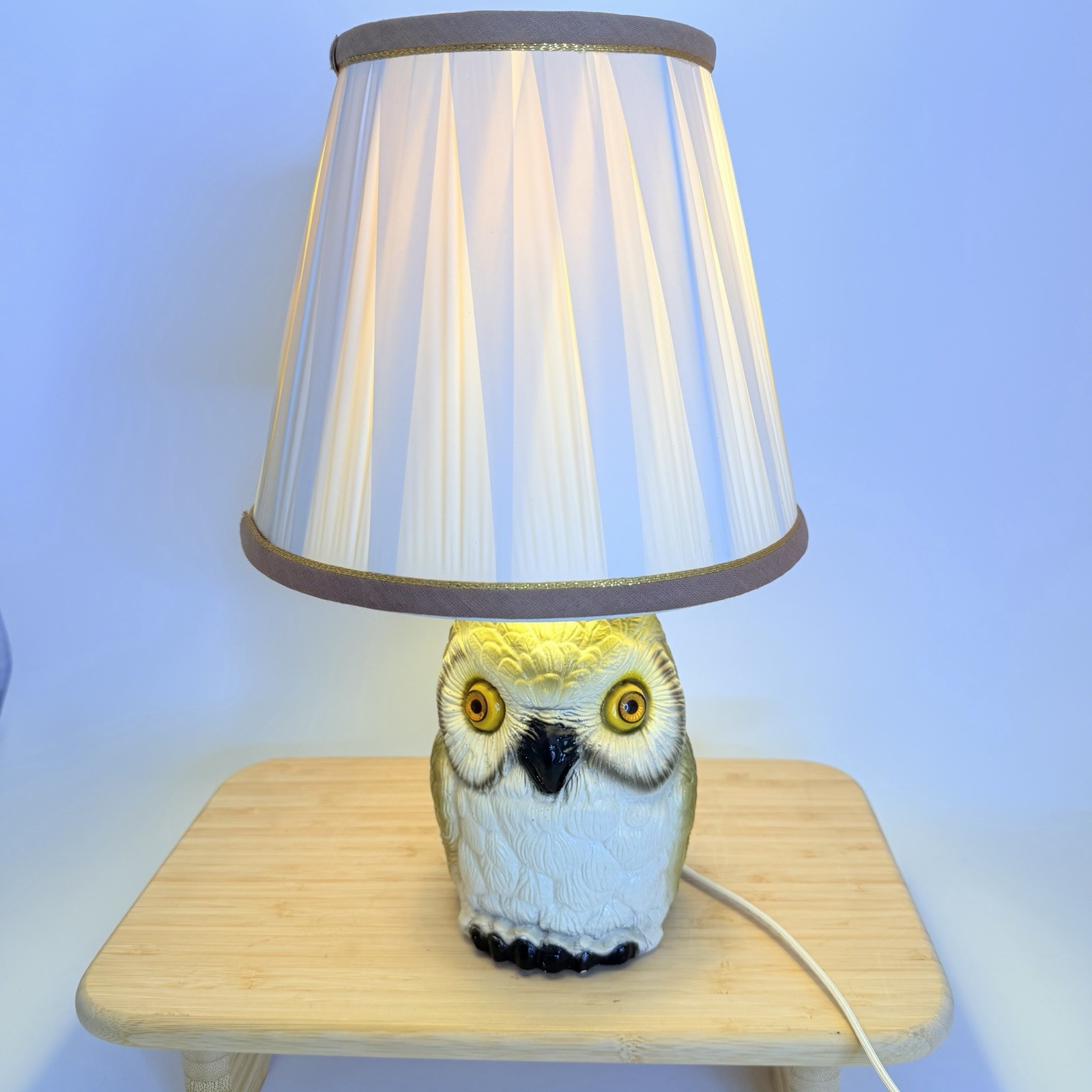 VTG MCM Textured Chalkware Figural Owl 3D Rustic Table Lamp Works Eyes 14” Shade