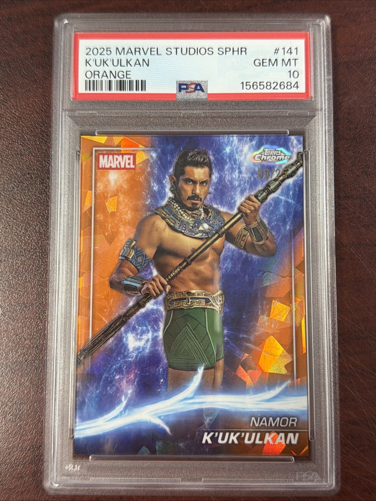 2025 Topps Marvel Studios Chrome Sapphire 141 K’uk’ulkan Namor Orange /25 PSA 10