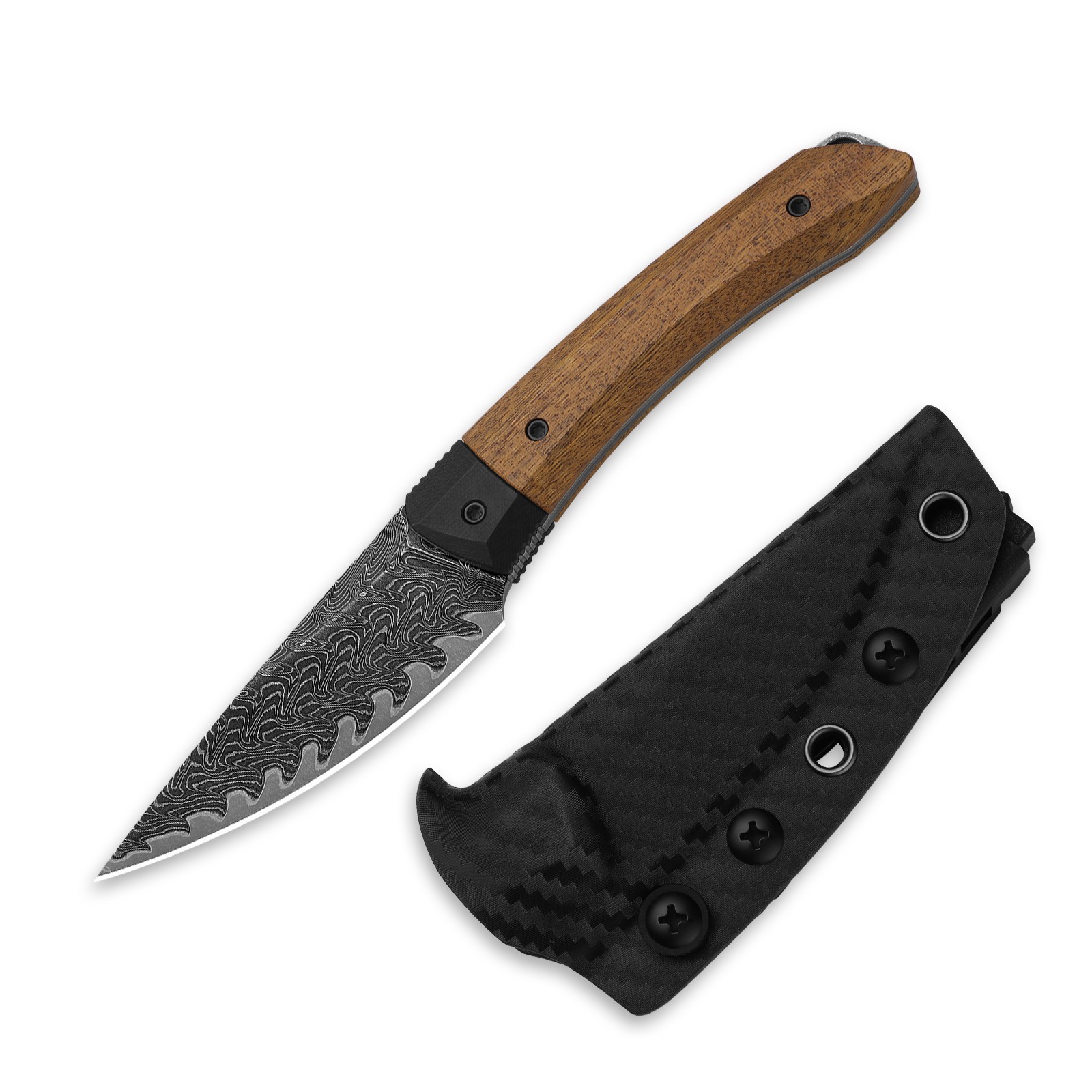 Kizer Momo Fix 3 Fixed Knife Damascus Blade G10 & Wood Handle + Sheath 1124A1
