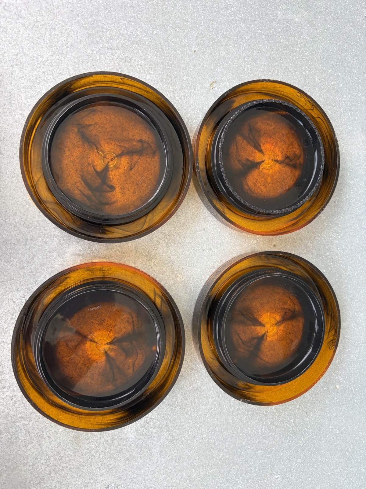 Vintage MCM Plastic Cork Coaster Set Faux Tortoise Shell Swirl Set 4 Stackable