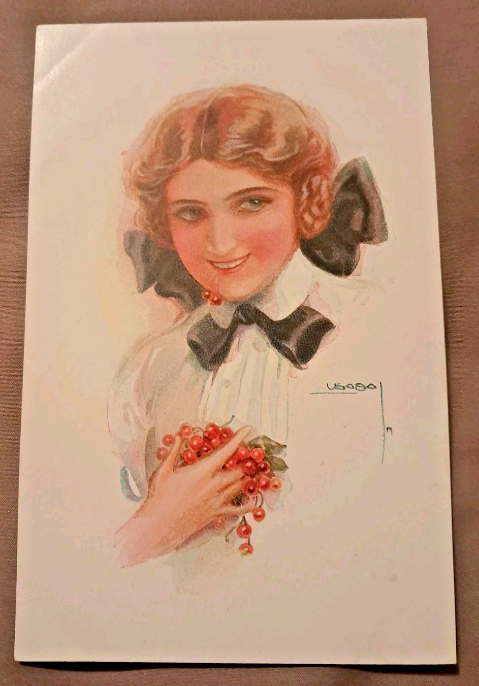 Artist Signed LOTTIE USABEL pretty lady, ribbons, school girl charm ANTIQUE PC