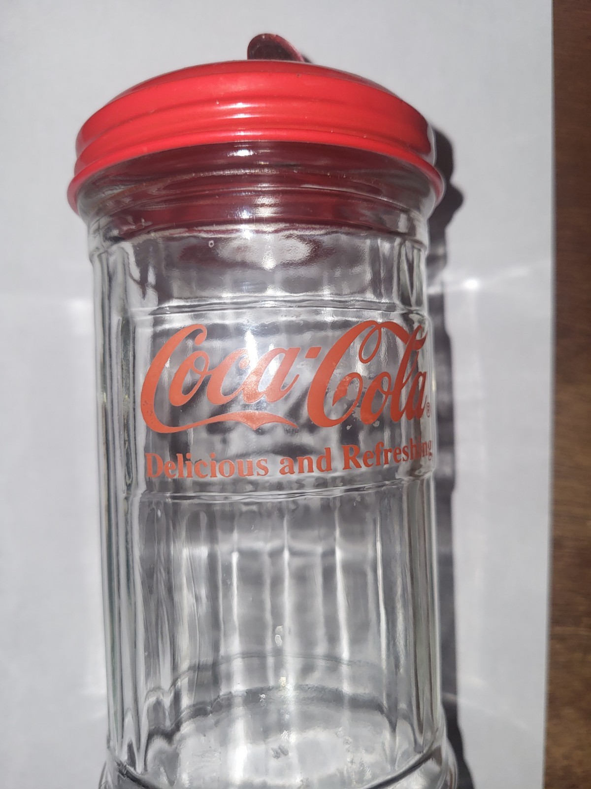 VINTAGE 1992 COCA-COLA GLASS SUGAR SHAKER W/ RED METAL LID