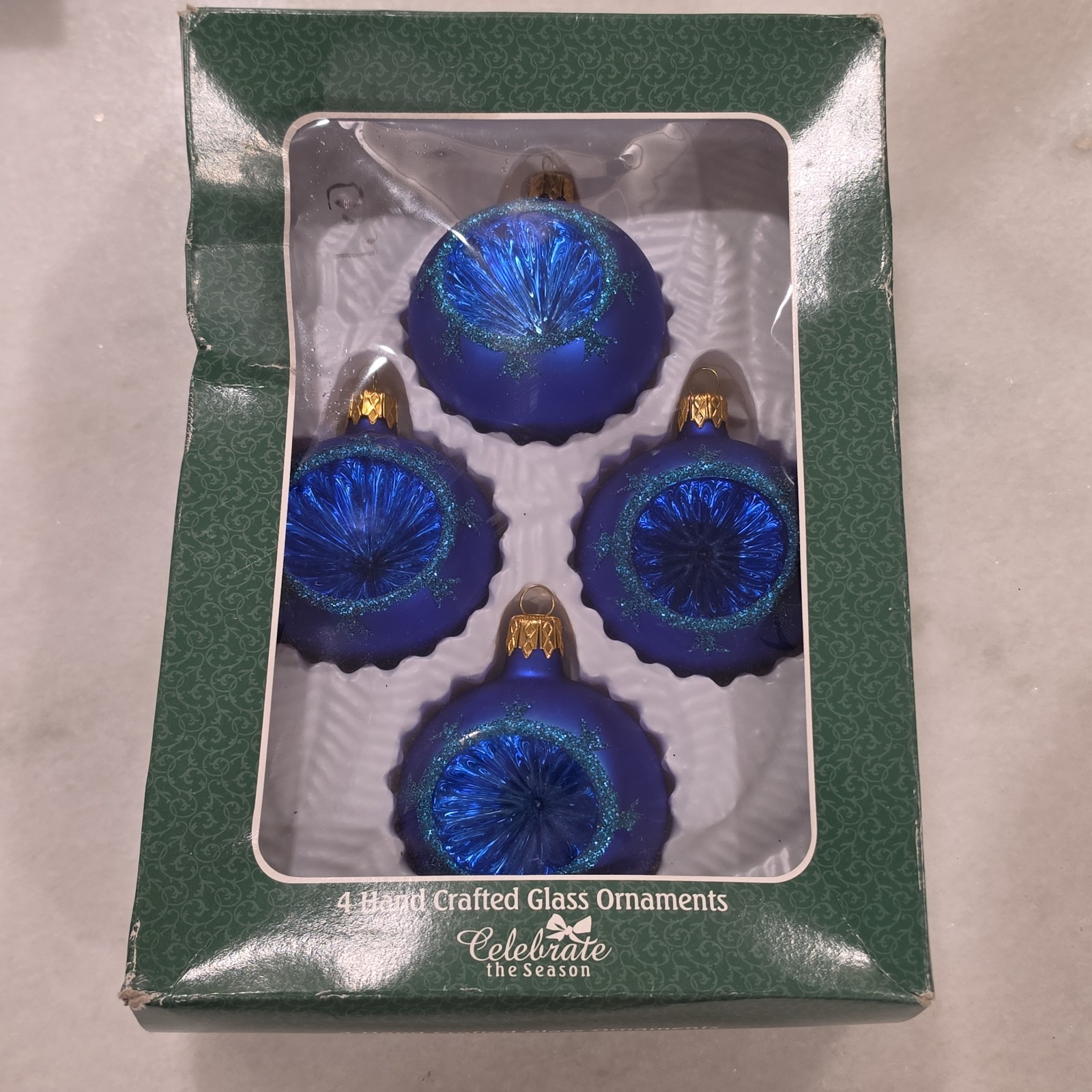 Sears Roebuck Indent Ornaments Celebrate the Season Glass Blue Glitter Set of 4