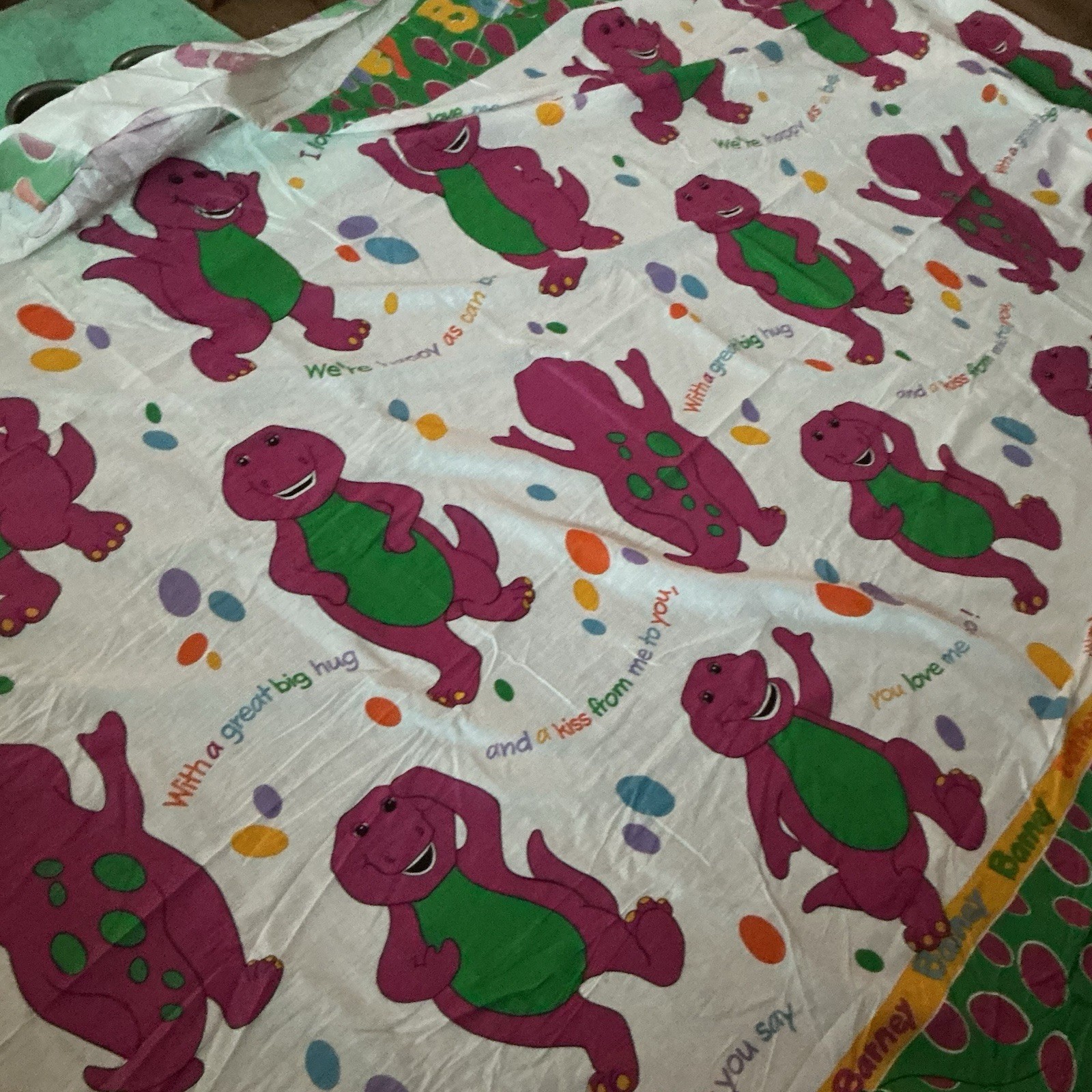 Vintage 1992 Barney the Dinosaur Fabric For Desirable Bedding 7Ft X 15ft