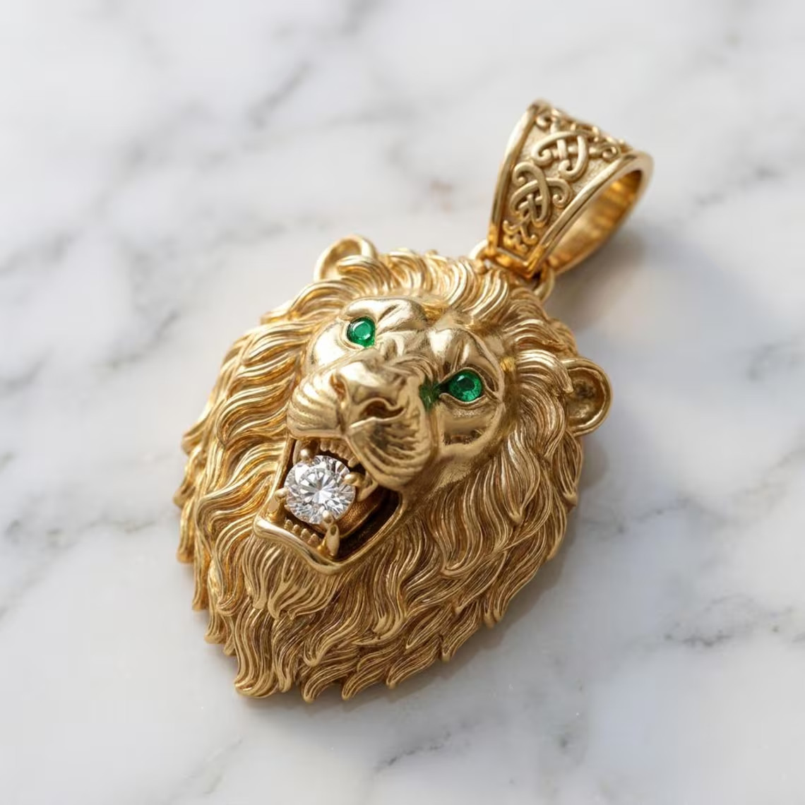 14K Yellow Gold Plated Lion Head Pendant Green Emerald Eyes Round Cut Moissanite