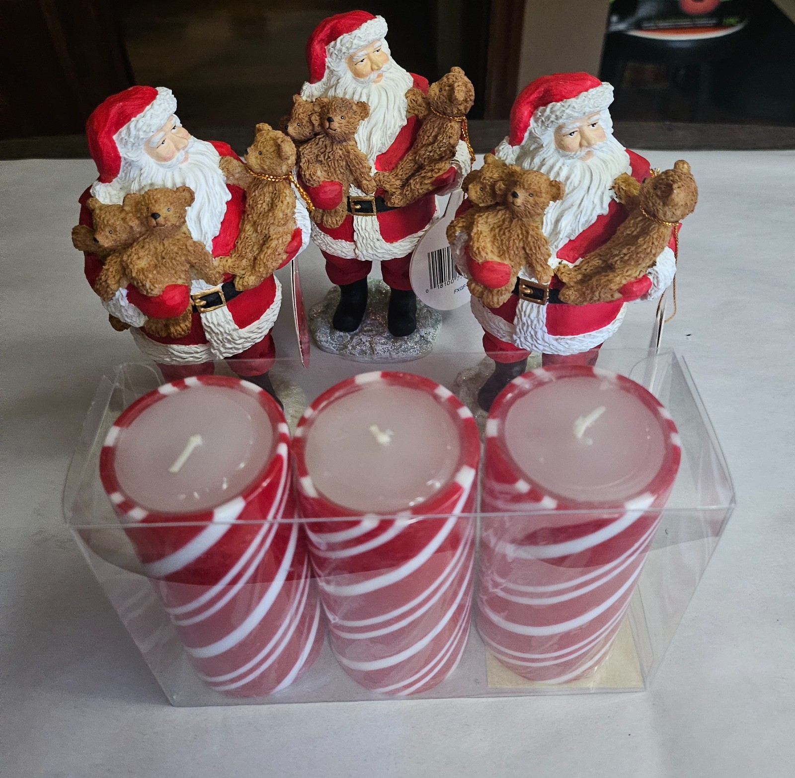 Vintage 1997 Set of 3 Santas and 3 Striped Candles–New