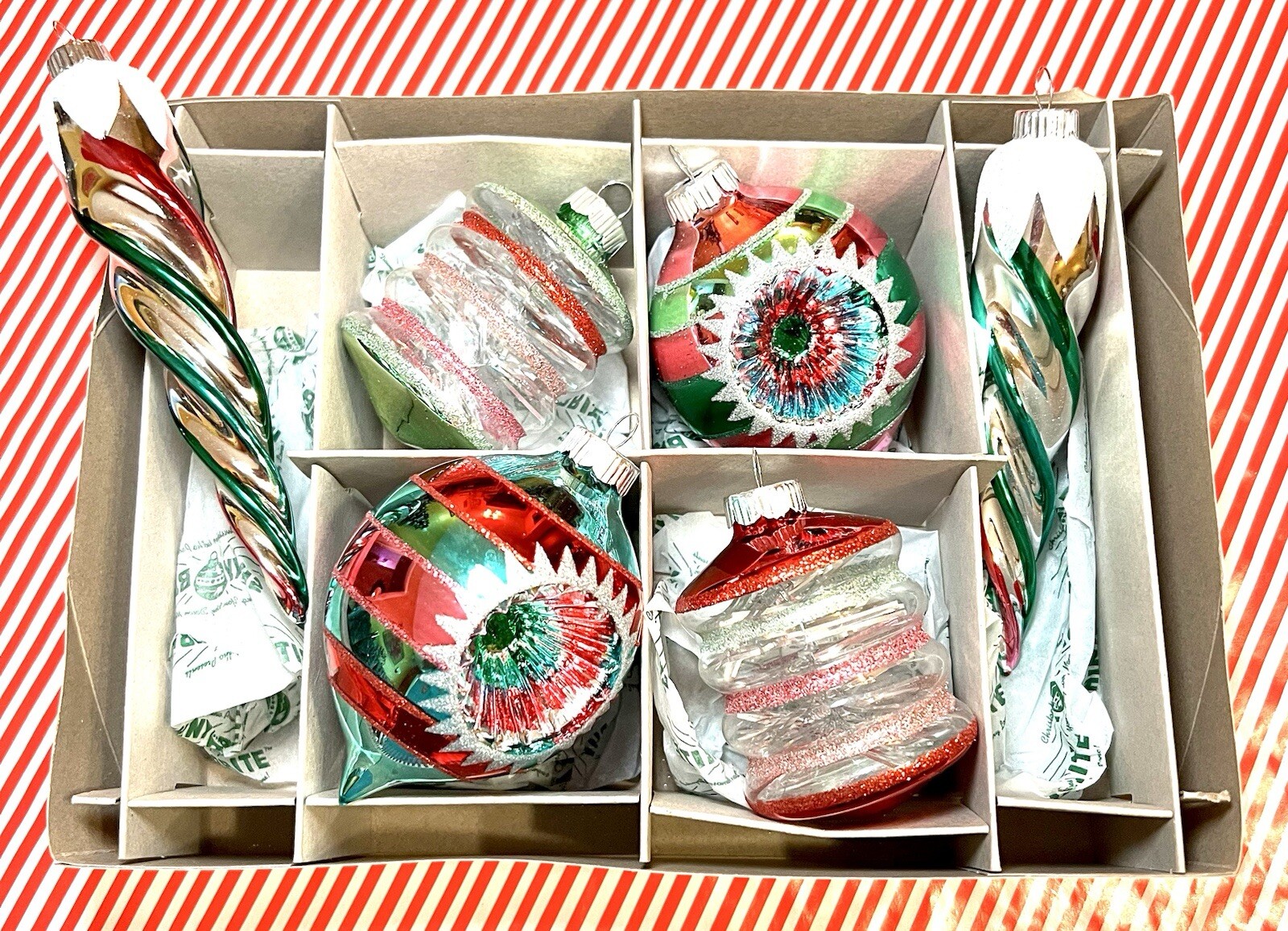 6 RADKO MIXED SHAPES XMAS ORNAMENTS REFLECTOR BALLS ICICLES TINSEL PINK RED BLUE