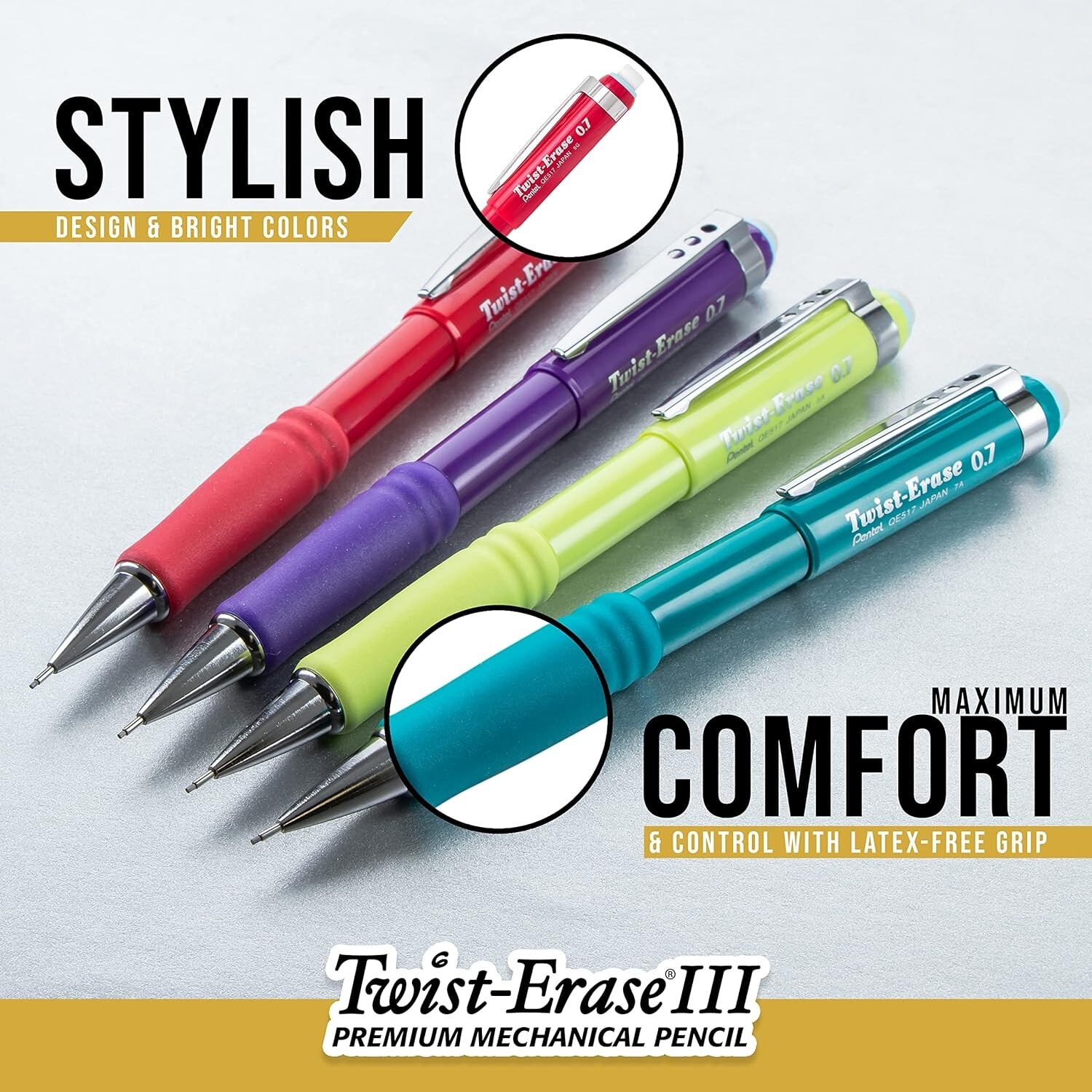 Pentel Twist-Erase III Mechanical Pencil, (0.7mm), Assorted Barrels, Pack of 4