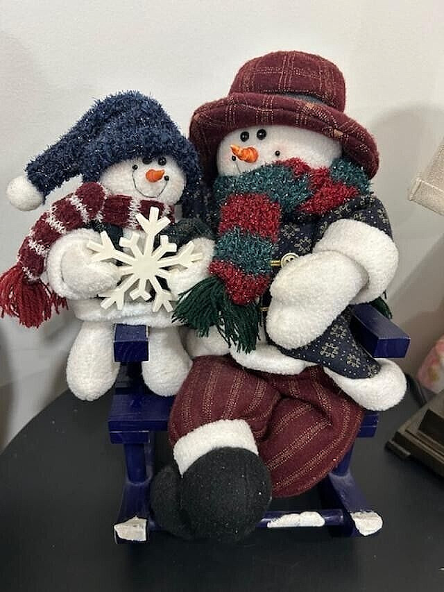 Plush Snowmen on a Blue Chair , Christmas & Winter Holiday Decorations