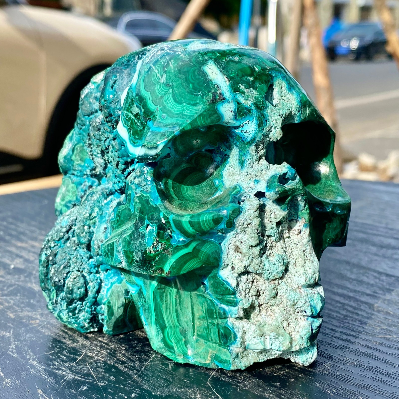 2.31LB Malachite Crystal Skull, Hand Carved Gemstone Fine Art Sculpture