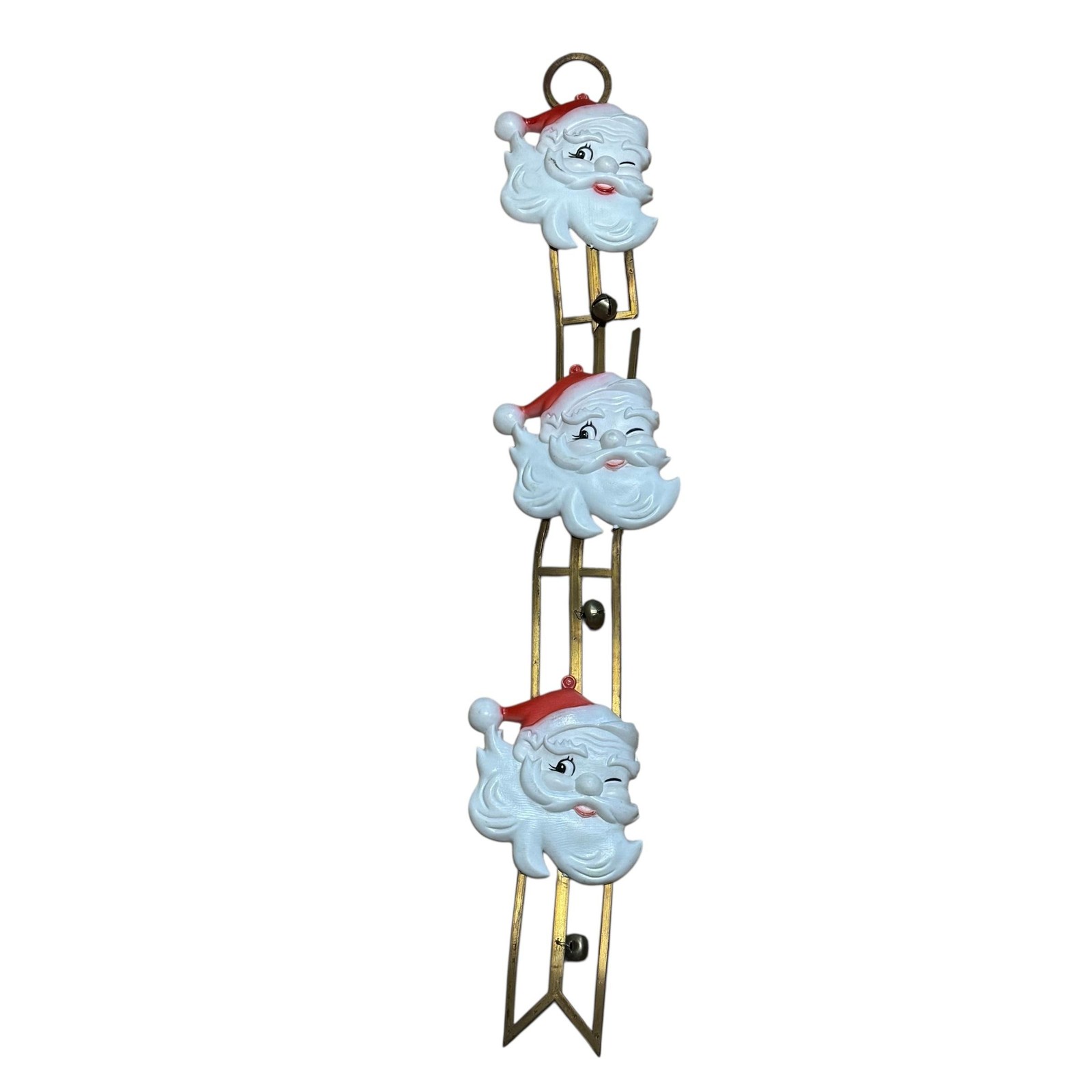 Vintage 34in Santa Sleigh Bell Door Hanger Wall Decor White Plastic Christmas