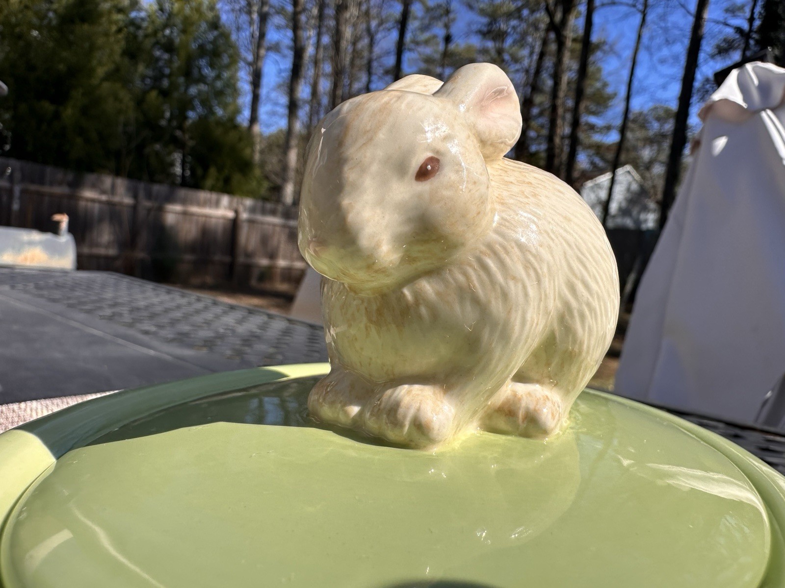 Ceramic Bunny Covered Dish Green Rabbit Lid Candy Trinket Bowl Easter Decor
