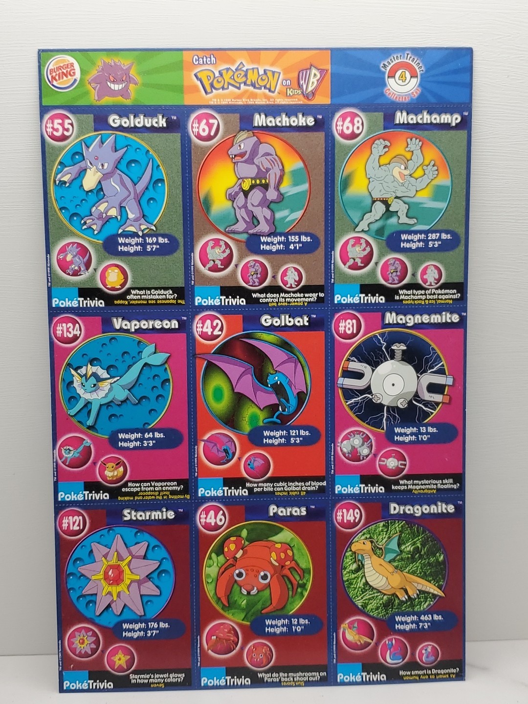 POKEMON Trivia 1999 Burger King Master Trainer Collector Set-COMPLETE-UNCUT 1-20