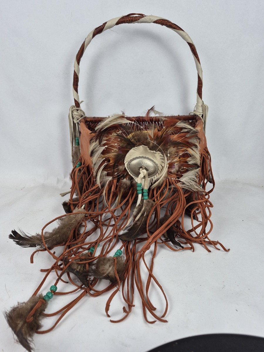 Southwestern Woven Leather, Feather & Bead Fringe Basket Great Condition