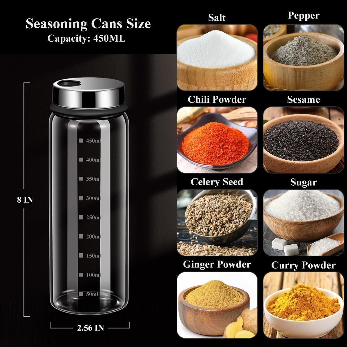 15 oz Large Salt Pepper Shakers with Adjustable 450ML(2.56*8 IN), Clear
