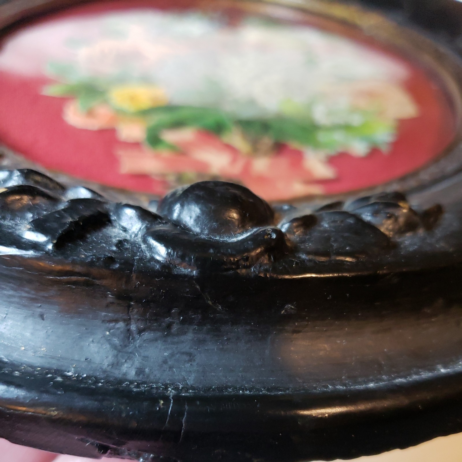 Antique Hand Carved Roses Oval Wood Frame Velvet Background Flower Print RARE