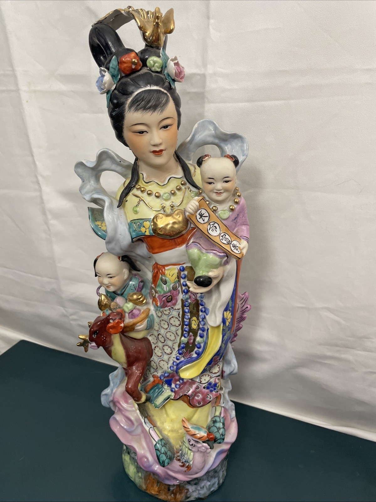 24 In Chinese Porcelain Guanyin Statue Goddess of Mercy w Children Gold Accents