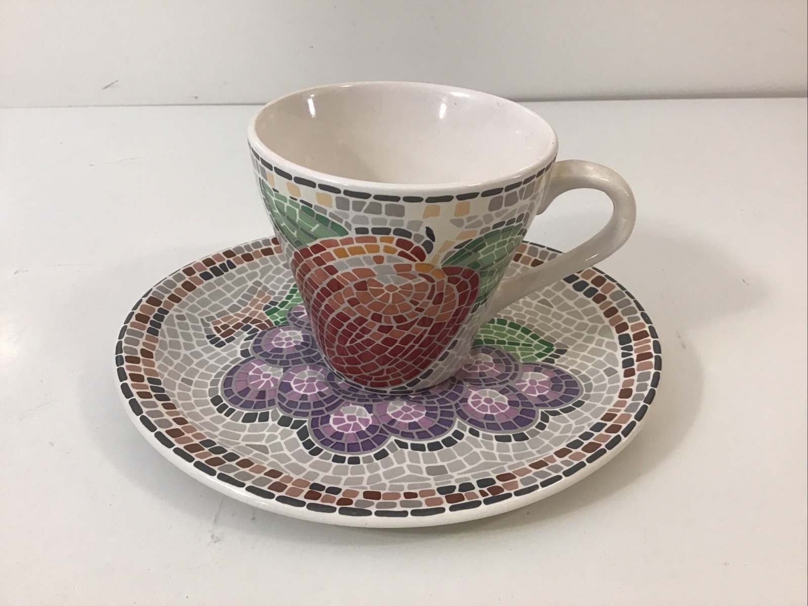 Sango Zoey Vtg Mosaic Fruit & Grape Pattern Cup and Oval Saucer Set (Multiples)