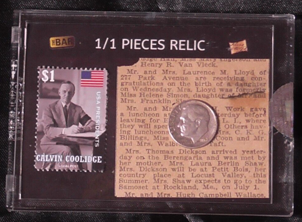 1/1 CALVIN COOLIDGE 1925 NEWSPAPER RELIC 1$ STAMP 1963 90% SILVER ROOSEVELT DIME