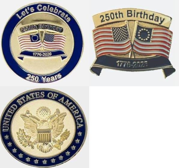 Celebrate America’s 250th Birthday 1776-2026 Challenge Coin and Lapel Pin Set