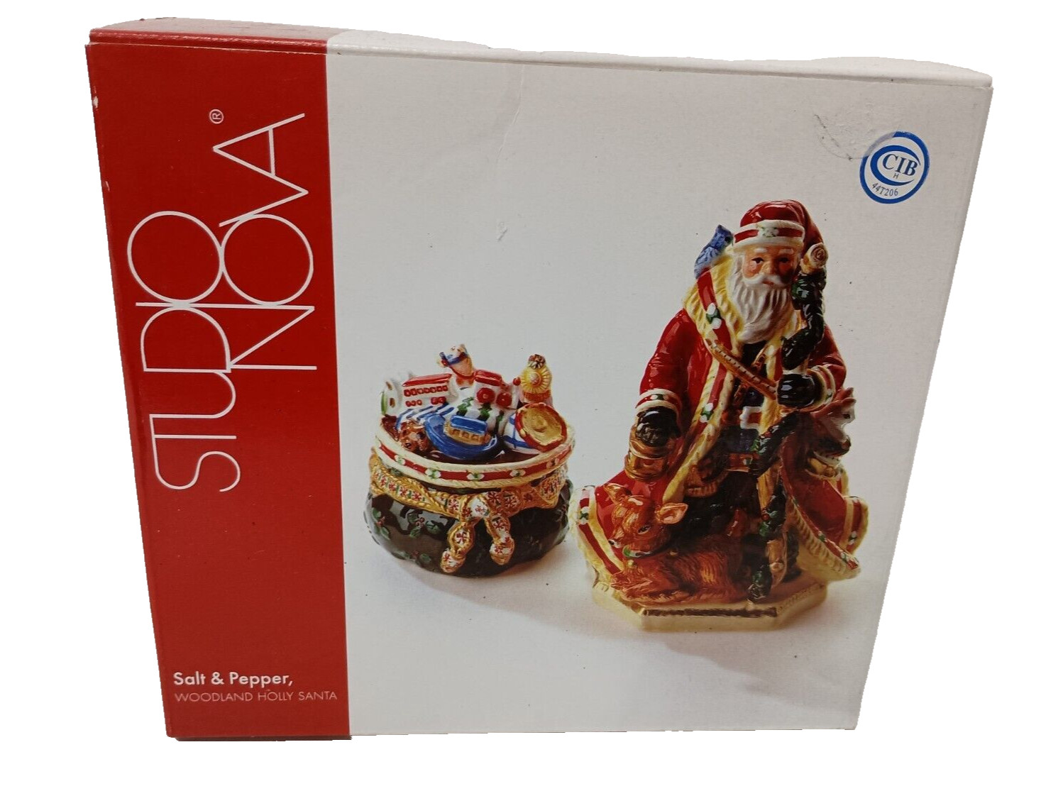Vintage Studio Nova Woodland Holly Santa Salt & Pepper Shaker Set Christmas