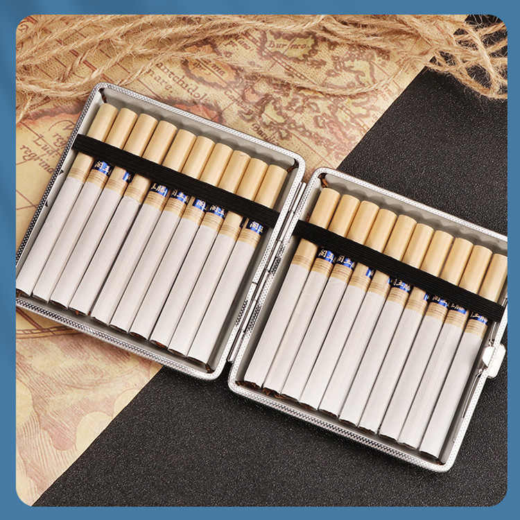 PU Leather Cover Metal Cigarette Case Box Double Sided Clip for 20 Cigarette