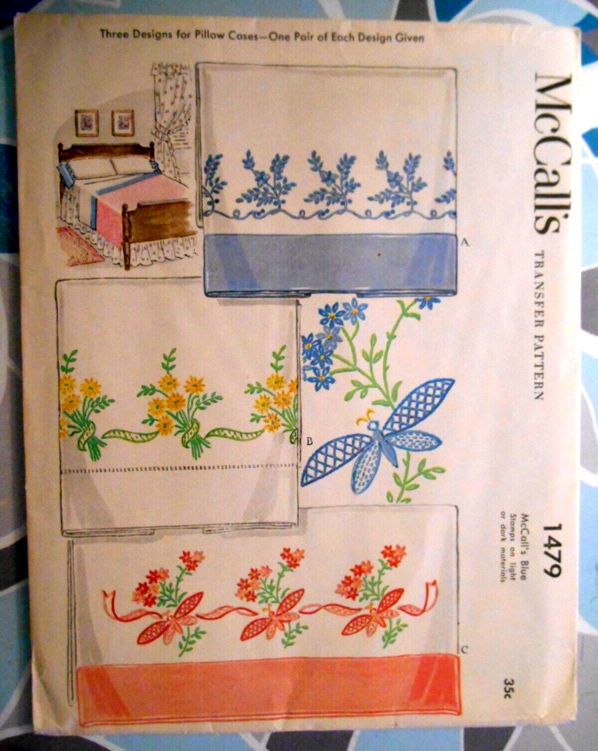 Vintage 1949 Iron-On Transfer Embroidery Pillowcase 3 Floral & Dragonfly Designs