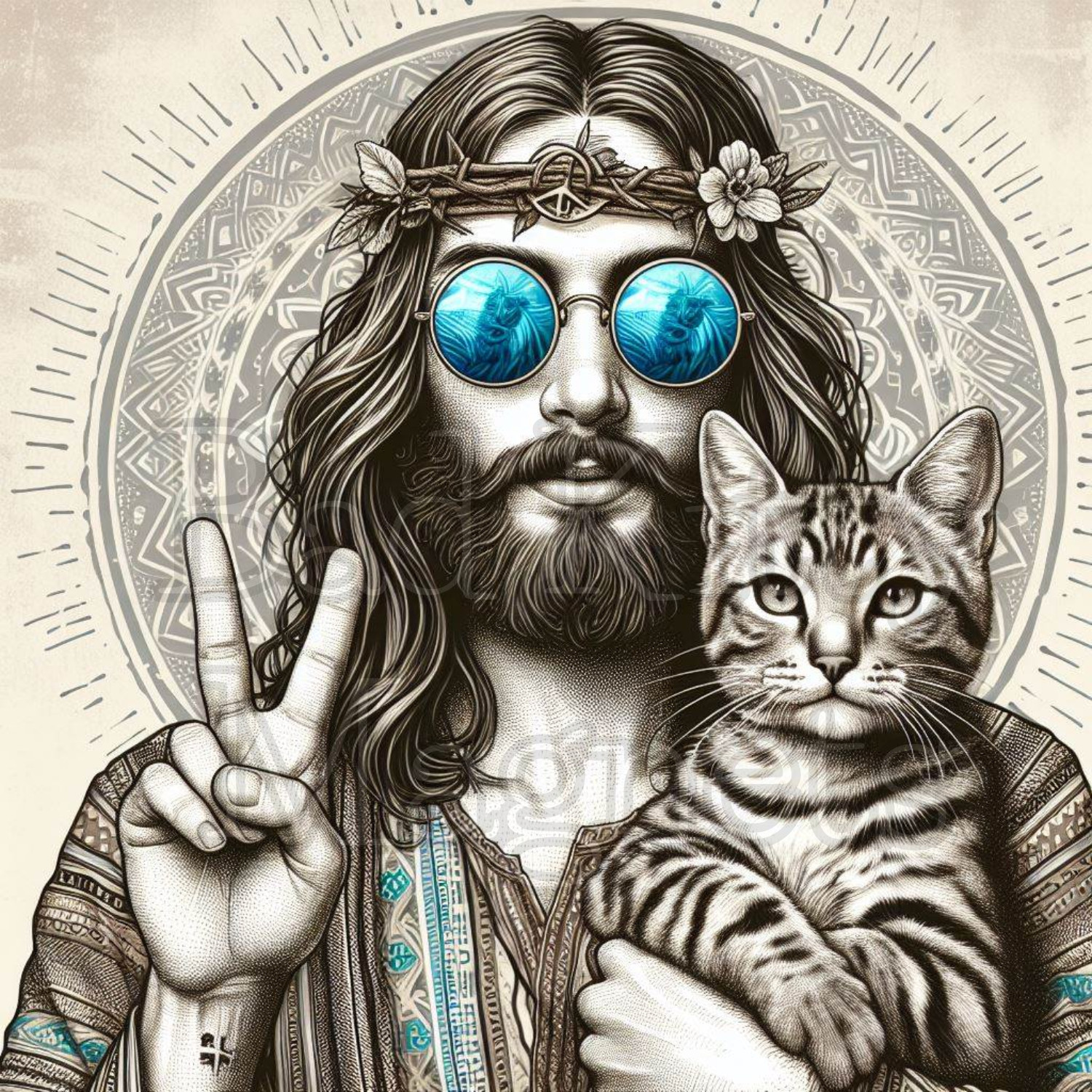 Jesus & striped cat peace love High Quality Metal Magnet 4 x 4 Fridge 507