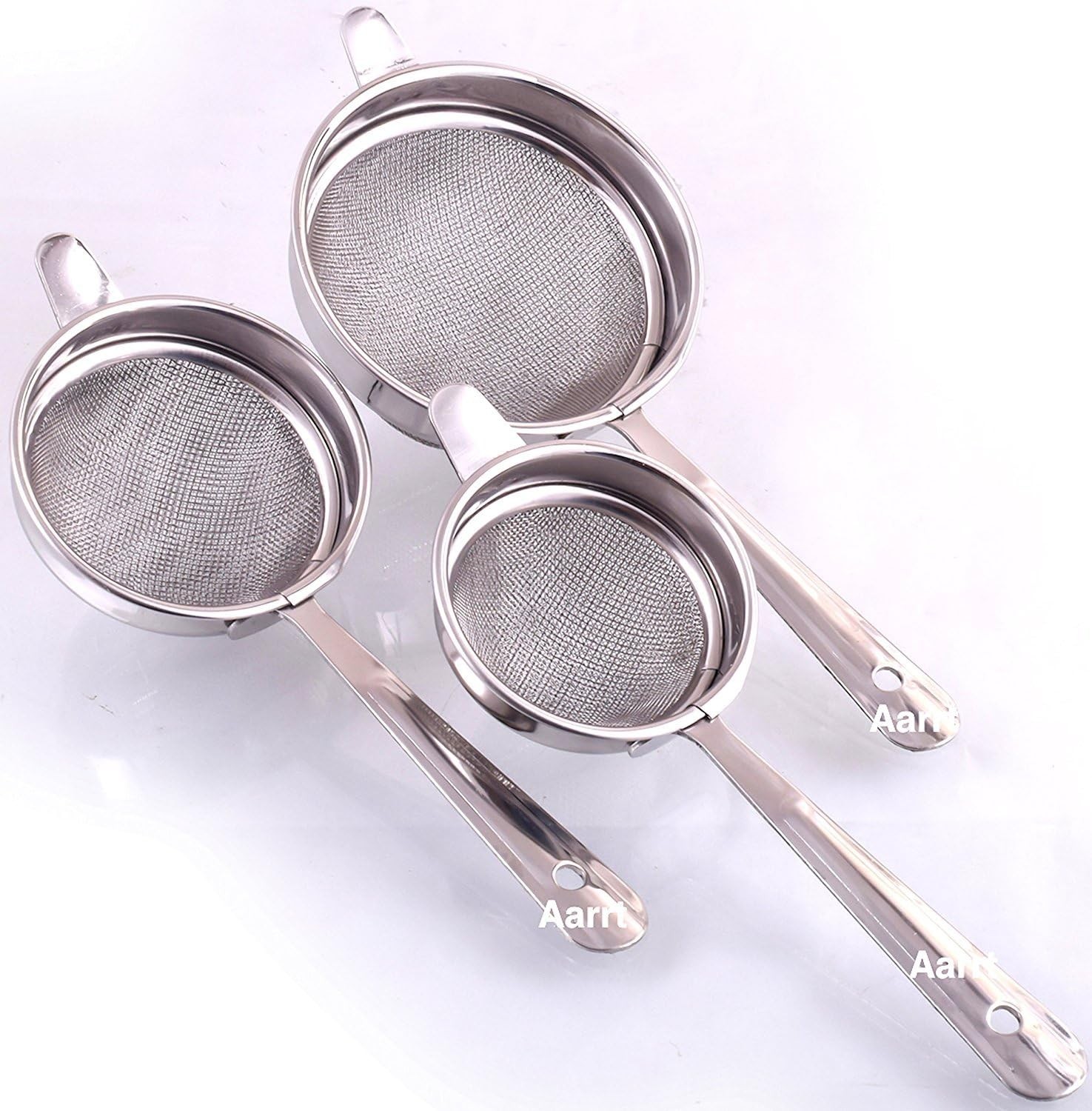 Set of 3 Stainless Steel Tea Strainer Chalni Double Mesh Long ( 7 8 10 cm)