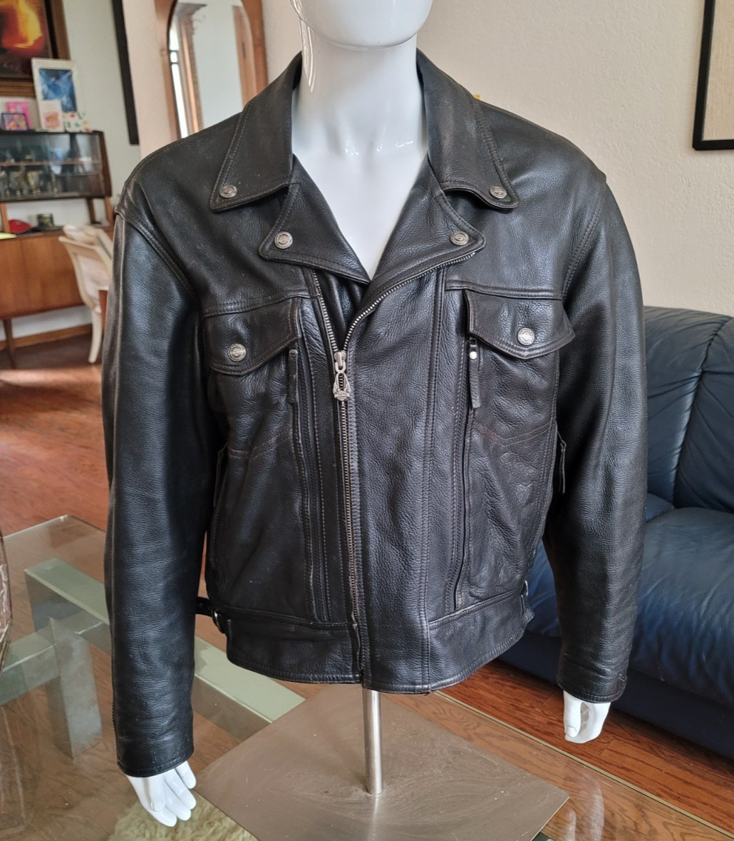 Vintage Harley Davidson Heavy Leather Asymmetrical-Zip Biker Jacket Black Size L