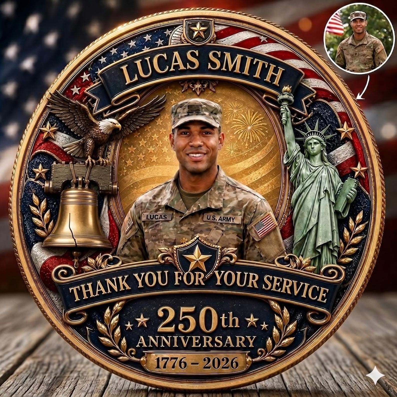 America 250th Anniversary Veteran Coin, Custom Photo Military Tribute Gift