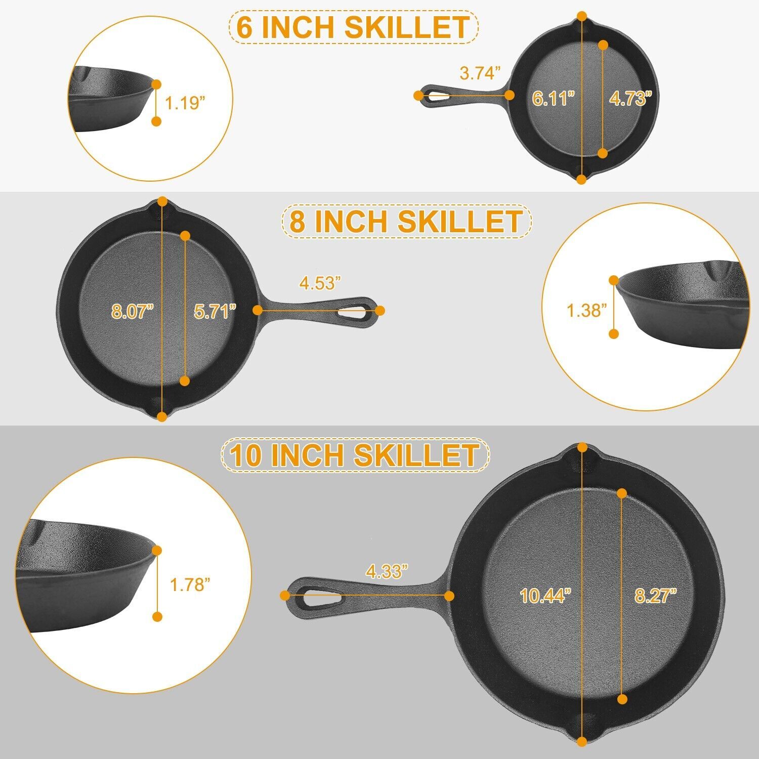 3 Pack Pre-Seasoned Cast Iron Skillet Set 6/ 8/10 IN Non-SticK Chef Frying Pans