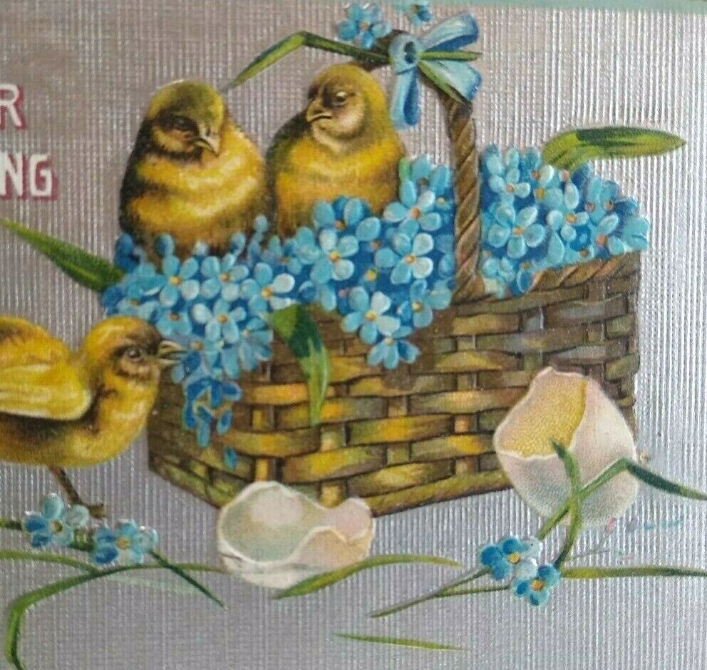 Easter Postcard Chicks In Basket Cracked Eggs 1912 Embossed United Art Ser 352