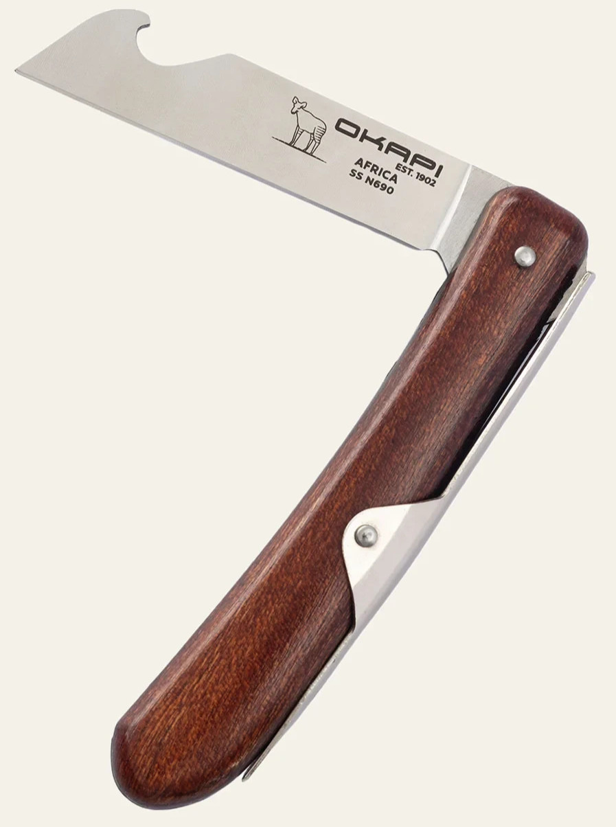 Okapi Biltong & Beer Folding Knife 3″ Satin Bohler N690 Steel Blade Wood Handle