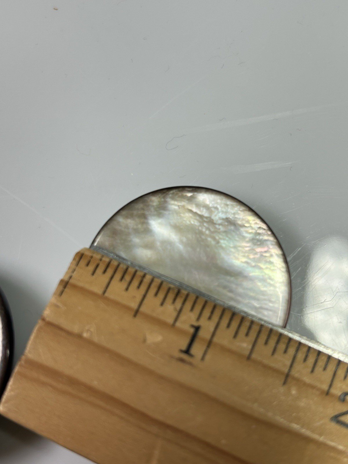 Button 8 Brown gray iridescent round 6-1 3/8 in 2-1 1/8 in VTG