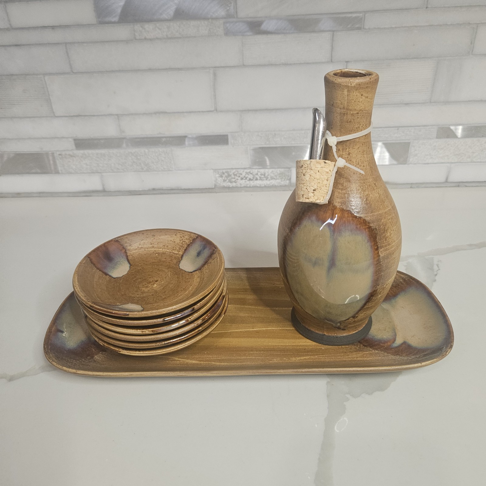 Sango Splash 8 Piece Dipping Set Oil Drizzle Bowls Tray Splash Brown Charcuterie