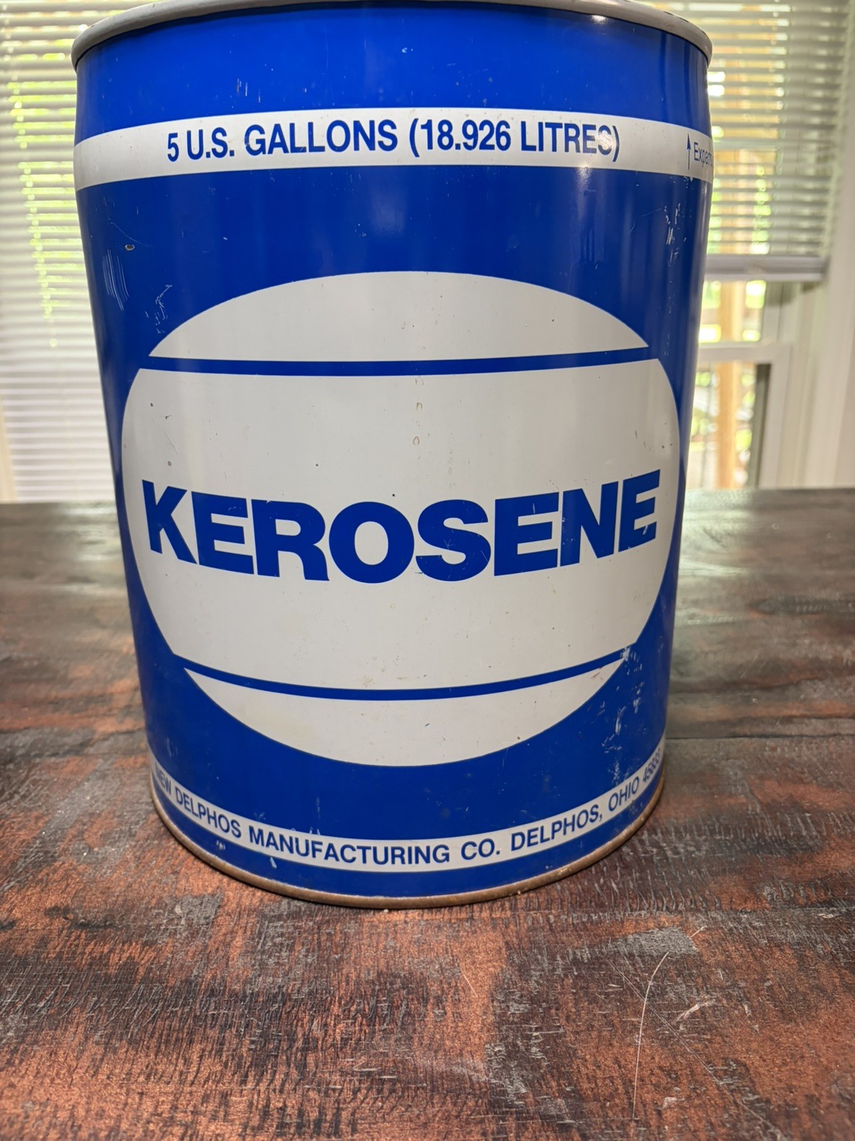 Vintage 5 Gallon Kerosene Can Metal Safety Drum Blue Delphos Ohio Fuel Container