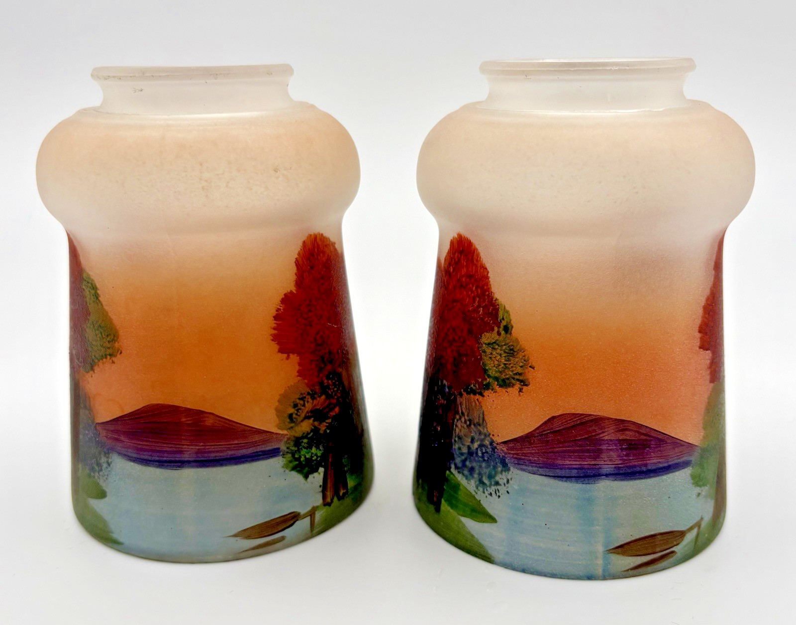 Pair Hand Reverse Painted Forest Scene Glass 2 1/4″ Fitter Lamp Light Shades