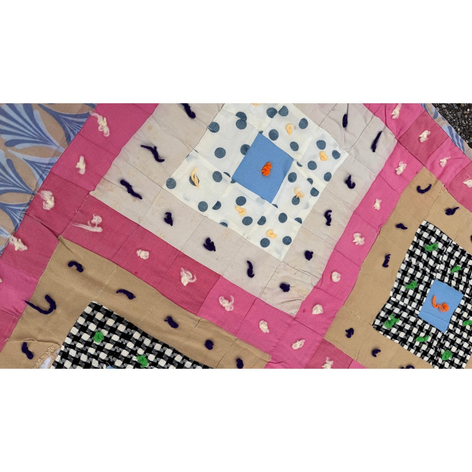 Vintage Handmade Tied Patchwork Quilt Pink Tan Gingham Polka Dot 54×74