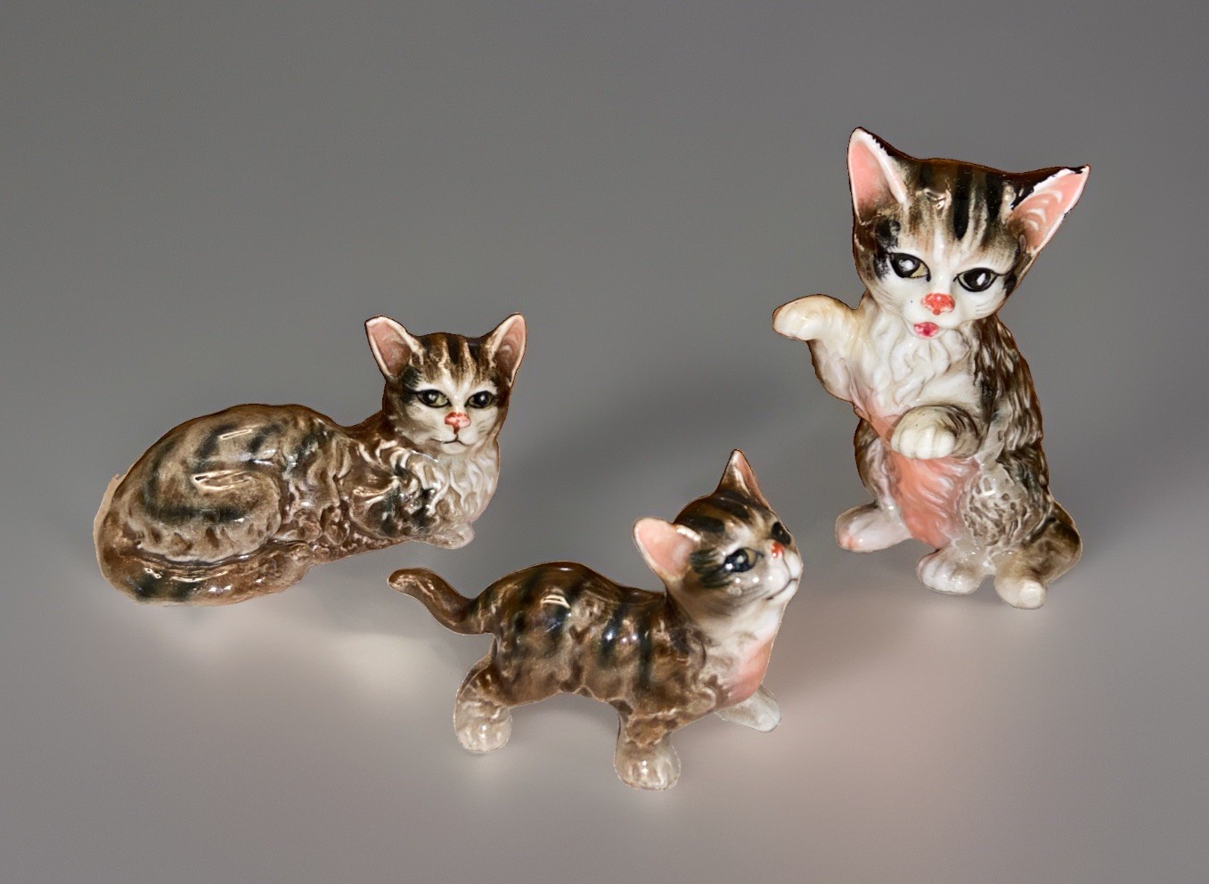 Lot Of 3 Vintage Miniature Ceramic Bone China Gray Tiger Cat Kitten Figurines