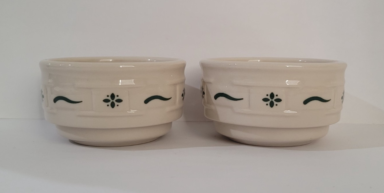 2 Longaberger Pottery WOVEN TRADITIONS Green RAMEKIN CUSTARD CUPS
