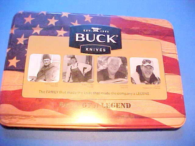 CUSTOM BUCK 110 KNIFE FAMILY EDITION CARBON FIBER HANDLE TIN BOX PIN SHEATH CARD