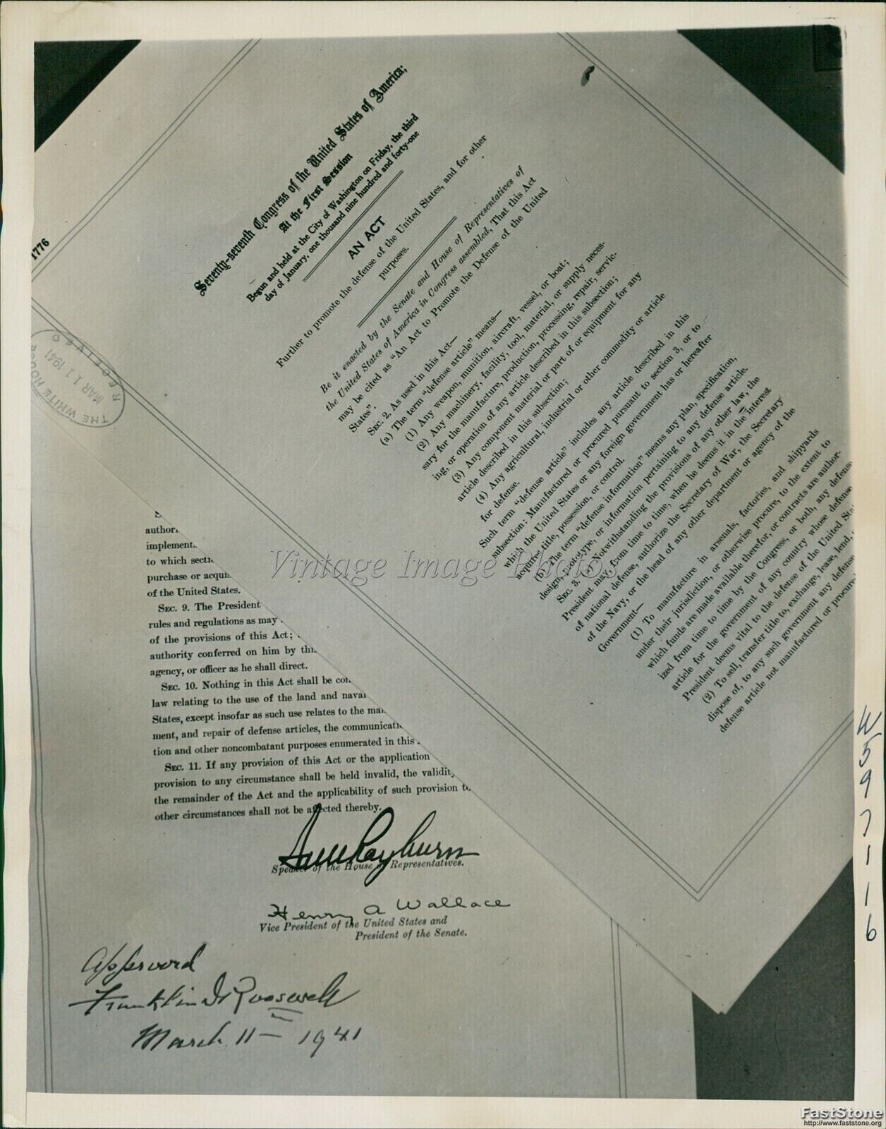 1941 British Aid Bill Signed By Pres Franklin D Roosevelt Politics Photo 7×9