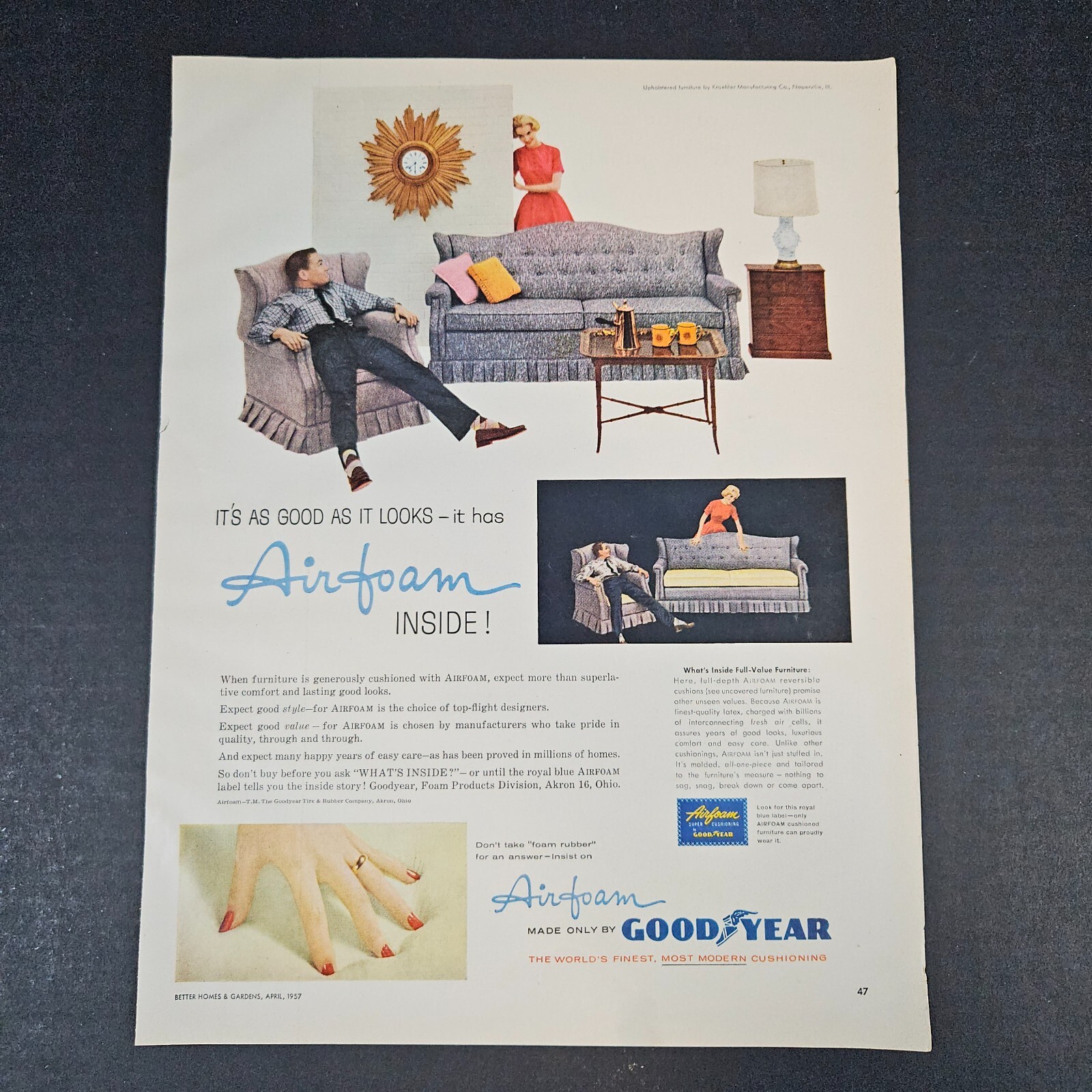 1957 Goodyear Airfoam Foam Rubber Cushion Furniture Vintage Print Ad Akron OH