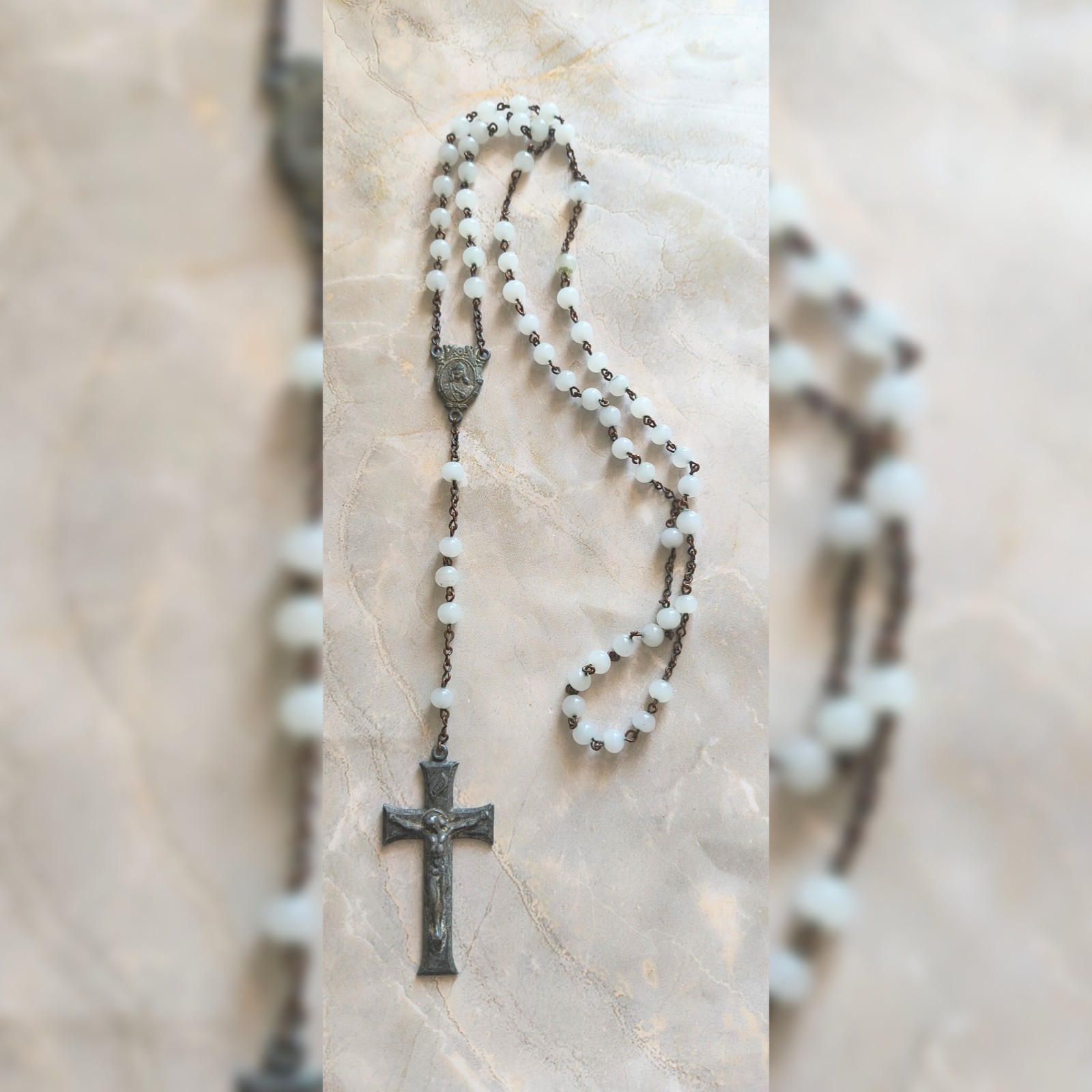 Vintage Catholic Rosary Pewter White Sea Glass Christian Prayer Beads