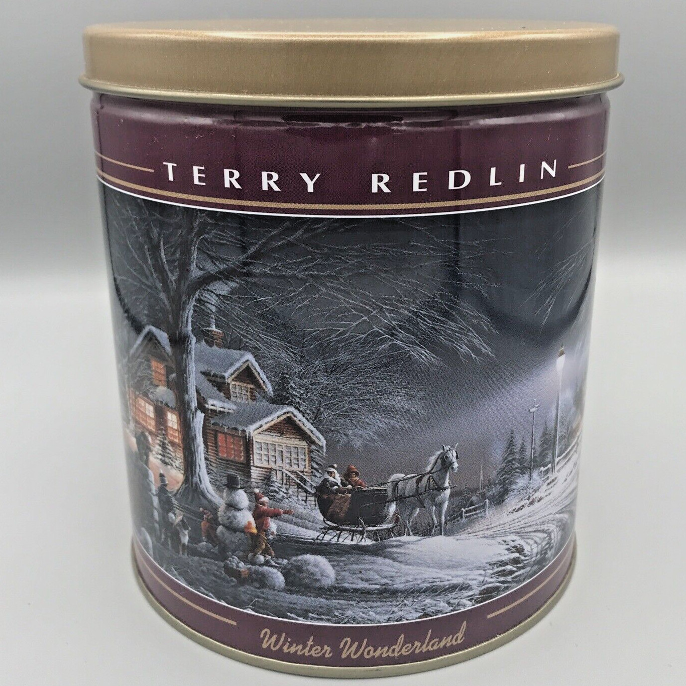 TERRY REDLIN Winter Wonderland Round Cookie Tin Collectible Empty 5.75in